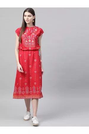 Rangriti Women Red & Blue Printed A-Line Dress
