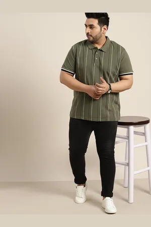 Sztori Men Plus Size Men Olive Green & Black Pure Cotton Striped Polo Collar T-shirt
