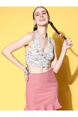 Berrylush Beautiful White Ethnic Motifs Super Cropped Top