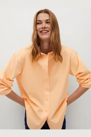 MANGO Women Peach-Coloured Regular Fit Solid Pure Cotton Casual Shirt