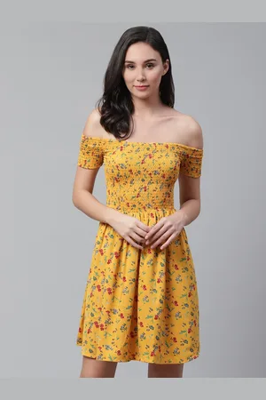 STREET 9 Women Mustard Yellow & Red Printed Off- Shoulder Satin Finish Fit and Flare Dress
