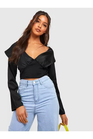 Boohoo Black Off-Shoulder Satin Corset Top