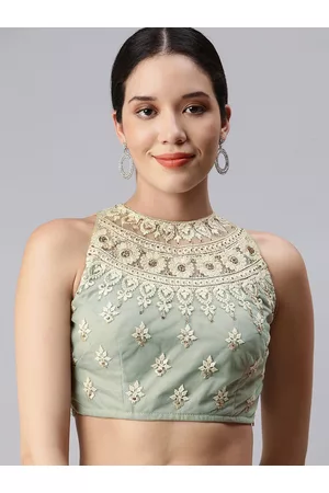 flaher Women Grey Embroidered Net Saree Blouse