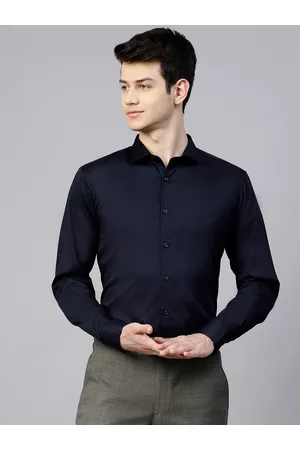 MANQ Men Navy Blue Slim Fit Solid Partywear Shirt