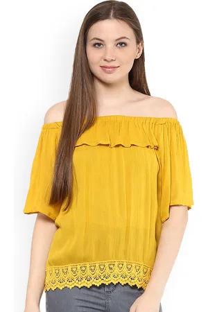 Mayra Women Yellow Self Design Bardot Top