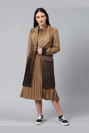 Campus Women Tan Brown Solid Suede Longline Overcoat