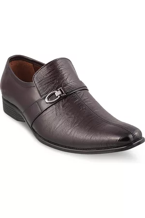 Metro Men Brown Solid Leather Formal Slip-Ons