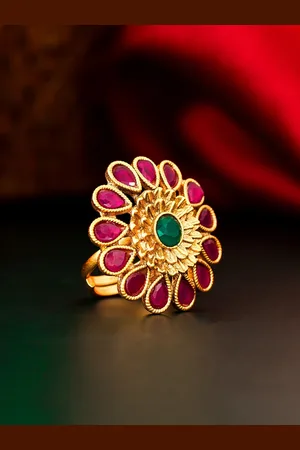 Aadita Gold-Plated Pink & Green AD-Studded Finger Ring