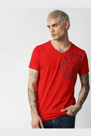 Pepe Jeans Men Red Typography Printed V-Neck Slim Fit T-shirt