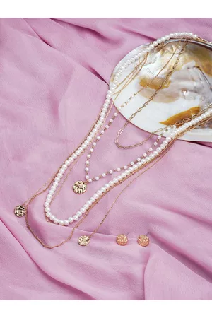 Ami Woman Gold-Plated Pearl Beaded 5 Layers Necklace & Stud Earring Set
