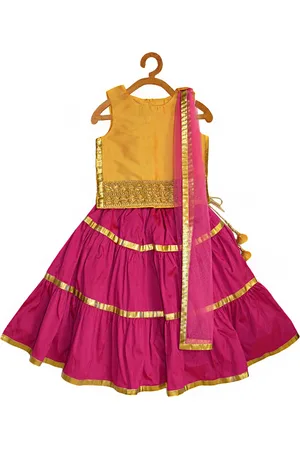 A.T.U.N. A T U N Girls Yellow & Fuchsia Embellished Ready to Wear Lehenga & Blouse With Dupatta