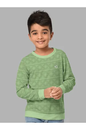 HELLCAT Boys Green Printed Regular Fit Blended Cotton Long Sleeves Bio Finish T-shirt