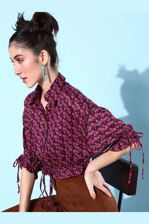 Quiero Women Purple & Pink Floral Print Shirt Style Crop Top