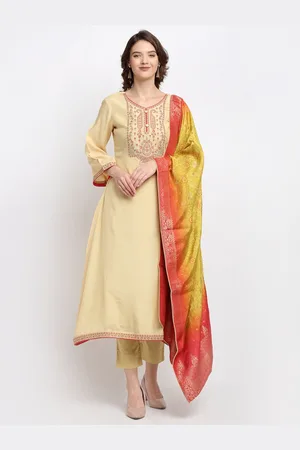 Stylee Lifestyle Beige & Red Embroidered Pure Silk Unstitched Dress Material