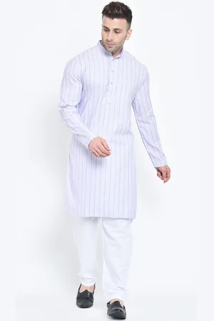 Hangup Men Off-White & Blue Striped Kurta with Pyjamas