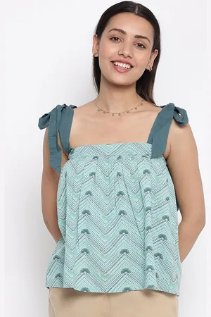 Fabindia Teal Green Print Shoulder Straps Top