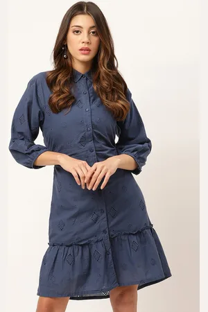 Elle Blue Embroidered Shirt Collar Cuffed Sleeves Dress
