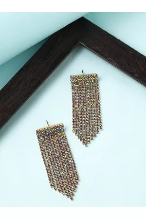Yellow Chimes Women Gold-Toned Crystal Studded Linear Chain Dangling Earrings
