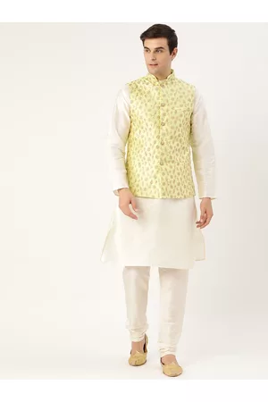 SOJANYA Men Off-White & Lime Green Solid Kurta with Churidar & Nehru Jacket