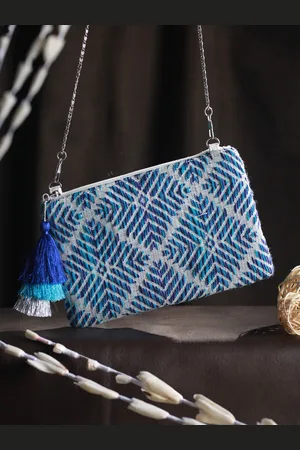Priyaasi Blue Geometric Sling Bag with Tasselled