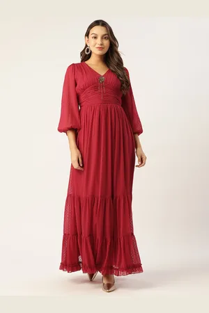 Antheaa Red Chiffon Embellished Maxi Dress