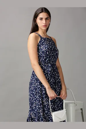 SHOWOFF Women Navy Blue & White Floral Tiered Chiffon Midi Dress