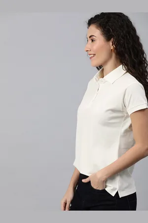 HERE&NOW Women White Solid Polo Collar T-shirt