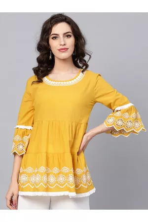Bhama Couture Mustard Yellow & White Tiered Pure Cotton Top