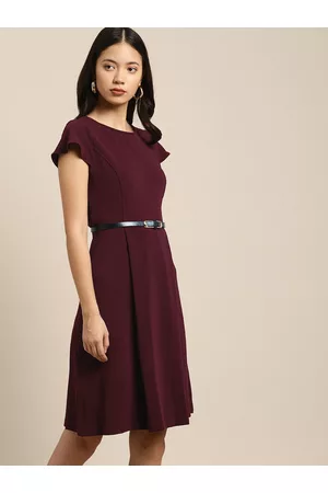 Invictus Women Burgundy Solid Fit and Flare Dress