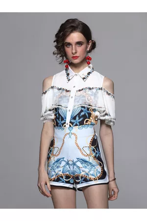 JC Collection Women Blue & White Printed Shirt with Shorts Co-Ords Set