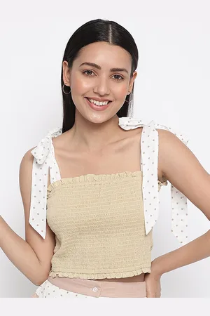 Fabindia Women Cotton Brown & White Smocked Crop Top