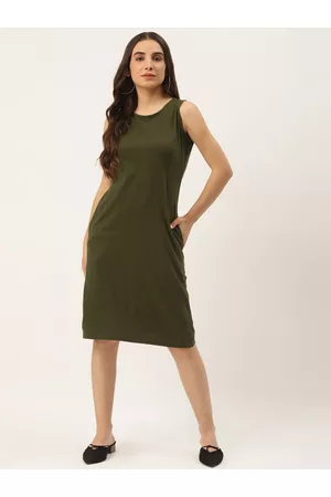 BRINN Olive Green Pure Cotton Solid A-Line Dress