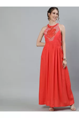 Ishin Peach-Coloured Embellished Maxi Dress