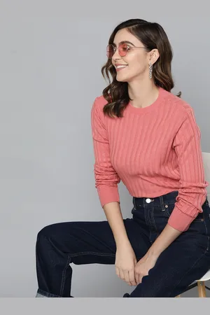 HERE&NOW Women Peach-Coloured Self-Striped Acrylic Pullover
