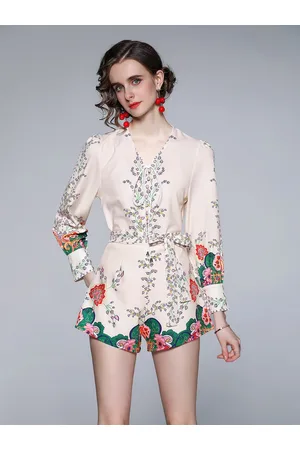 JC Collection Women Beige Printed Top with Short Co-Ords Set