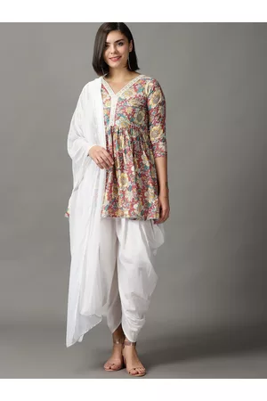 DIVINATION Floral Printed Pure Cotton Kurta with Dhoti Pants & With Dupatta