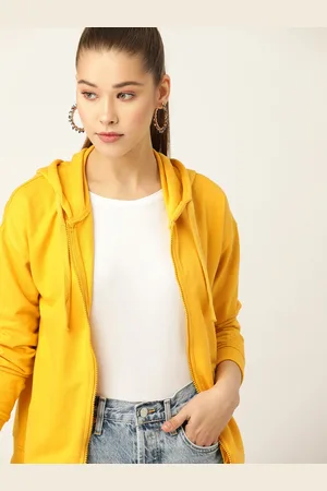 DressBerry Women Yellow Solid Hooded Sweatshirt