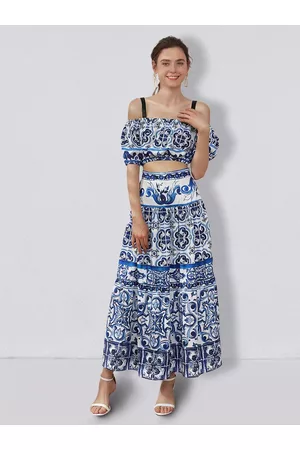 JC Collection Women Navy Blue & White Printed Top with Skirt Co-Ords Set