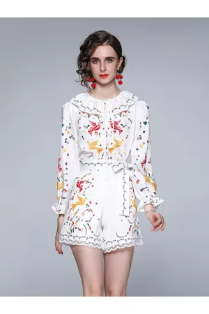 JC Collection Women White Printed Top with Short Co-Ords Set