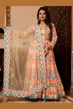 Calmna Women Off White & Peach Embroidered Georgette Anarkali Kurta With Dupatta