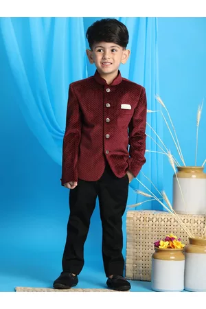 Vastramay Boys Maroon Red Printed Slim-Fit Single-Breasted Blazers