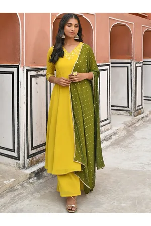 Janasya Women Yellow Georgette Embellished Kurta with Palazzo & Dupatta