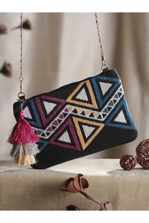 Priyaasi Black Geometric Sling Bag with Tasselled