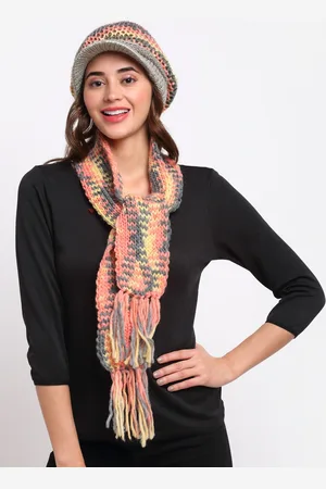 Loom Legacy Women Orange & Grey Self Design Acrylic Wool Winter Cap With Muffler