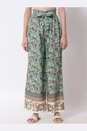 KOTTY Women Green and Brown Floral Printed Relaxed Flared High-Rise Trousers