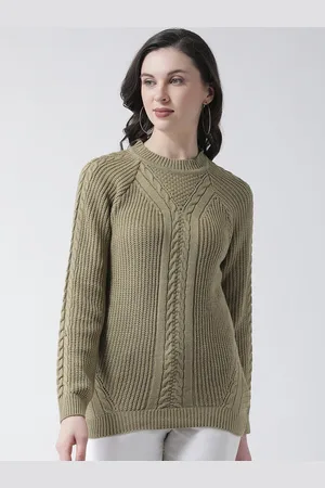 Club York Women Olive Green Cable Knit Acrylic Pullover