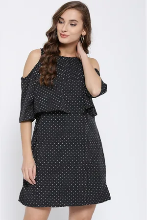Sera Women Black Dot Print Cold Shoulder Shift Dress