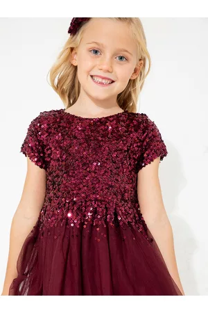 Cherry Crumble Girls Maroon Embellished Fit and Flare Dress