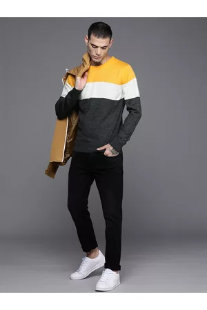 WROGN Men Yellow & Charcoal Grey Colourblocked Pullover Sweater