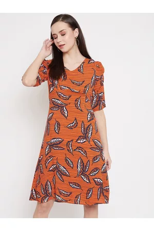 Crimsoune Club Women Orange Printed A-Line Dress